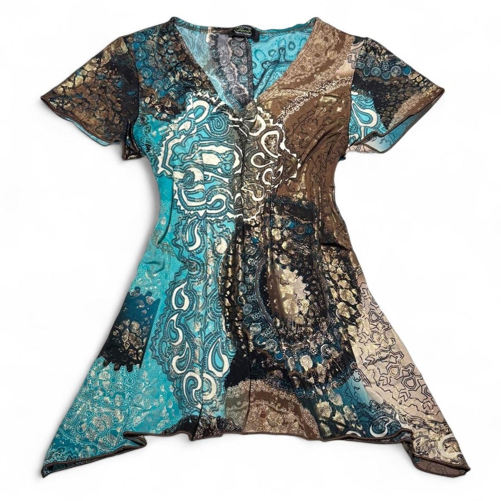 Shannon Ford New York Y2K Boho Mermaid Shimmer Asymmetrical Hem Top Teal Gold S